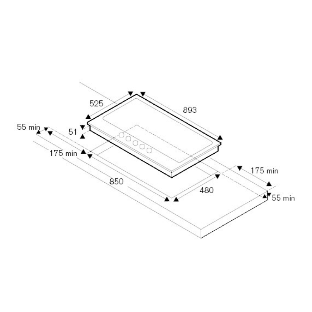 Disegno tecnico di un piano cottura con dimensioni in mm.