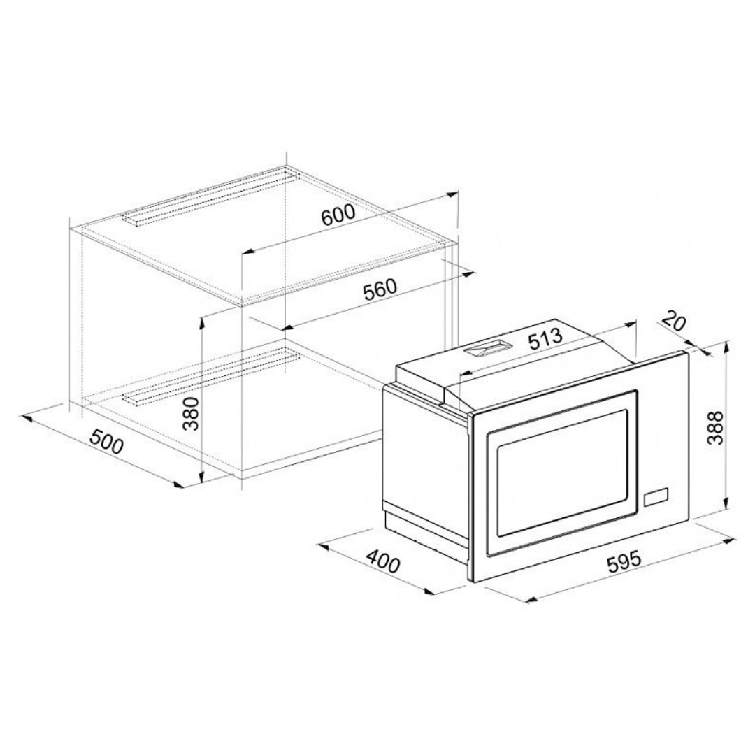 Disegno tecnico di un microonde da incasso con dimensioni.