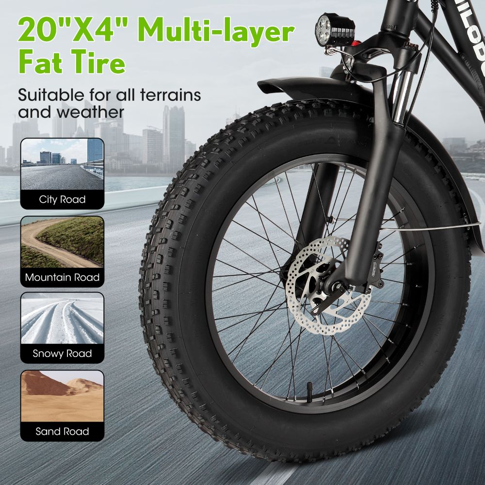 Primer plano de un neumático de bicicleta gordo con texto e imágenes de varios terrenos.