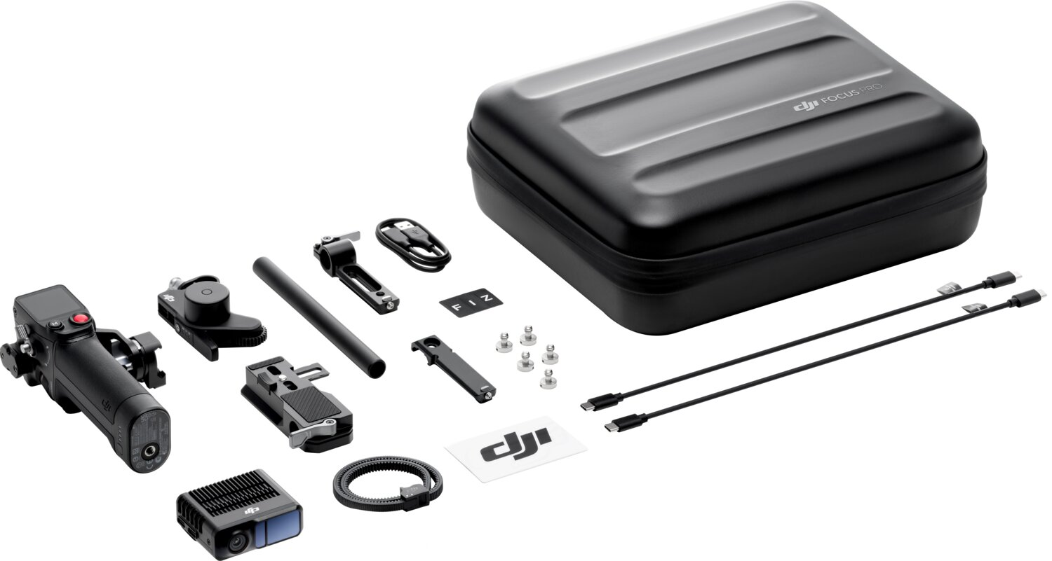 Accessori DJI Focus Pro: impugnatura, motori, cavi, viti e custodia.