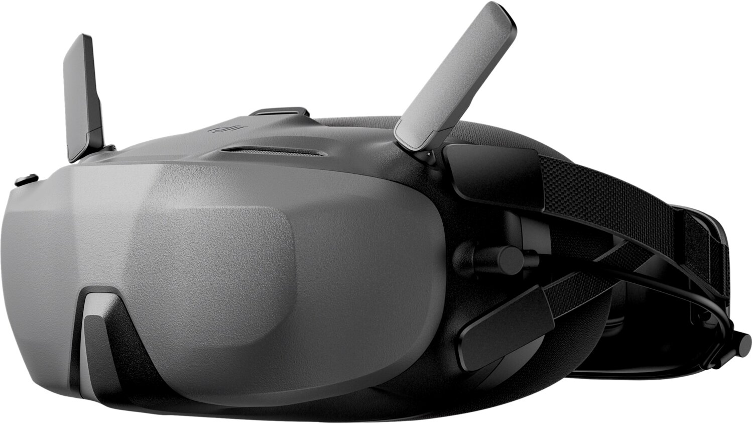 Casque RV gris avec sangles noires et antennes. Vue latérale.