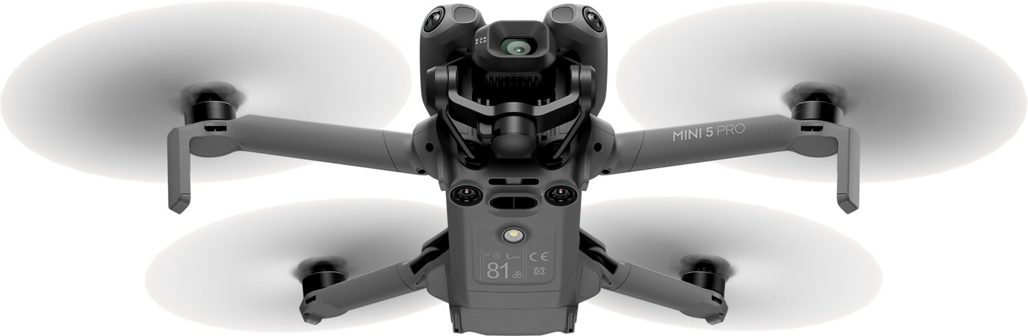 Drone gris Mini 5 Pro con cuatro hélices blancas, visto de frente.
