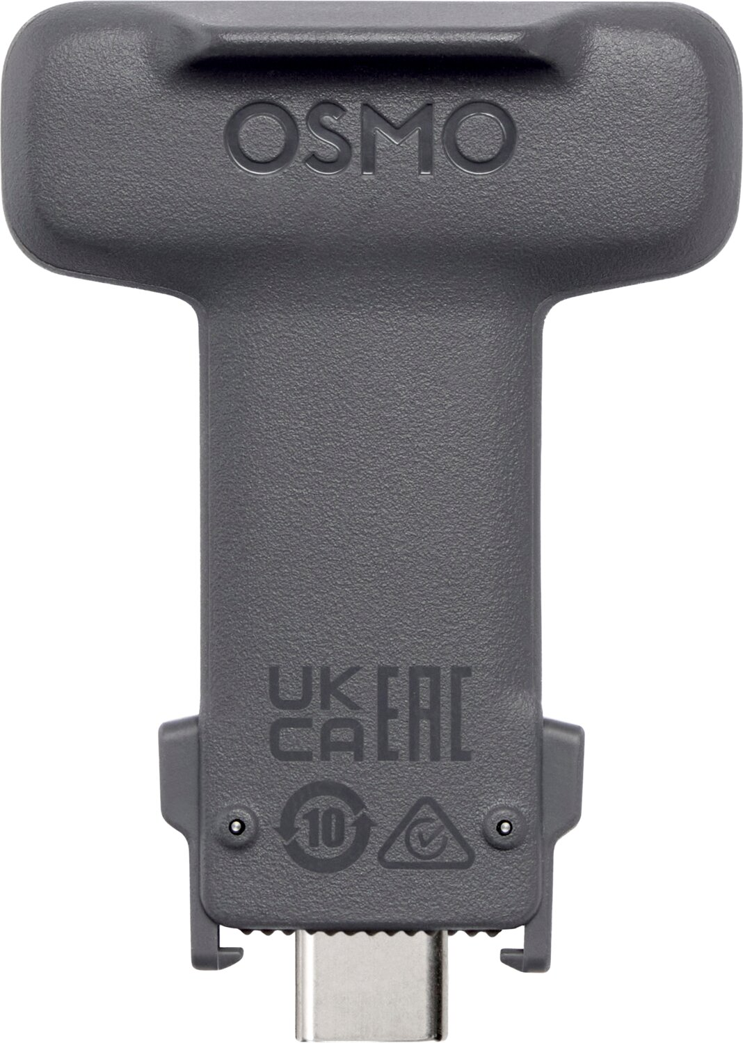 Szary adapter OSMO ze złączem USB-C i znakami certyfikacji.