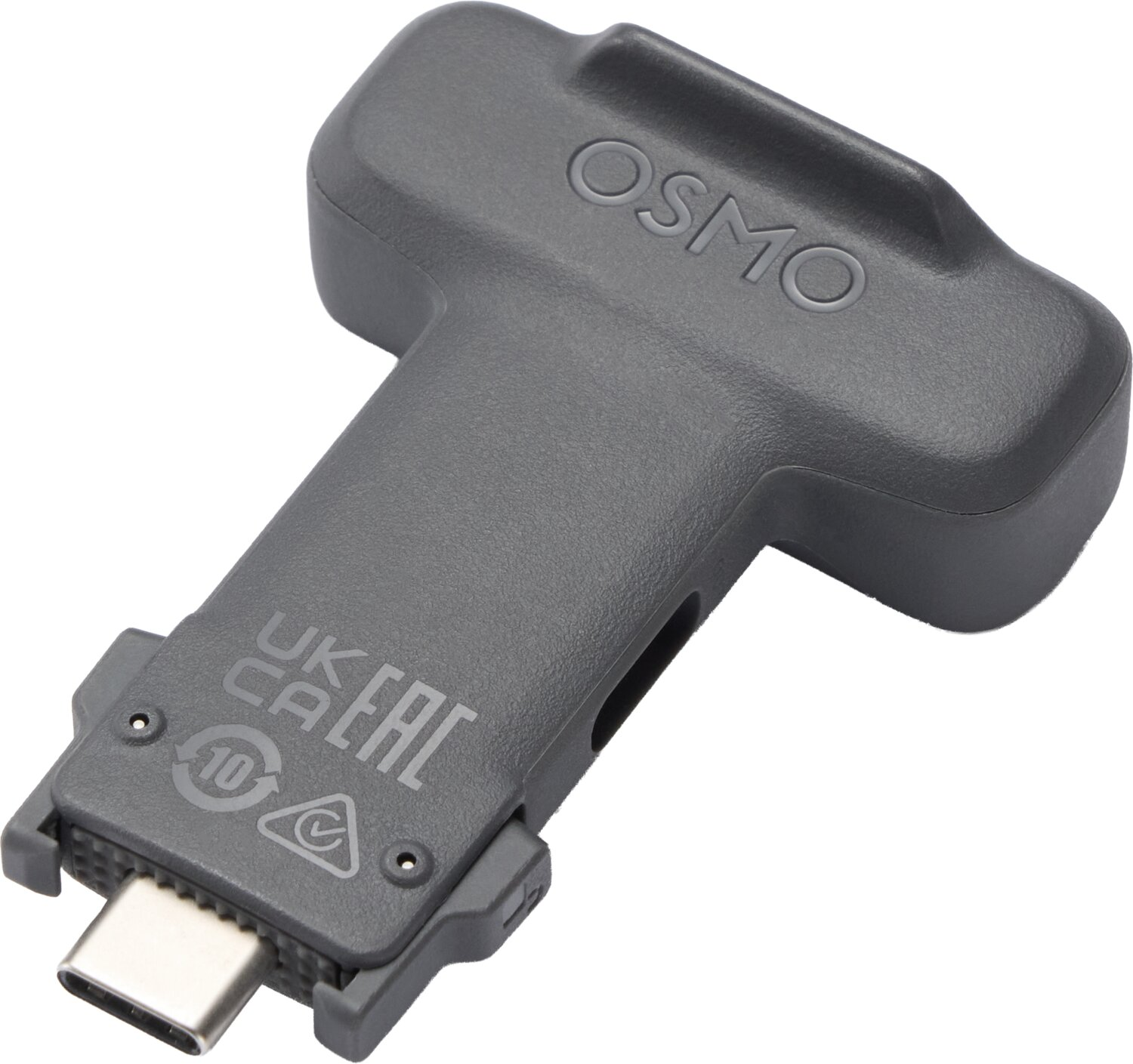 Szary adapter USB-C OSMO ze znakami UKCA i EAC.