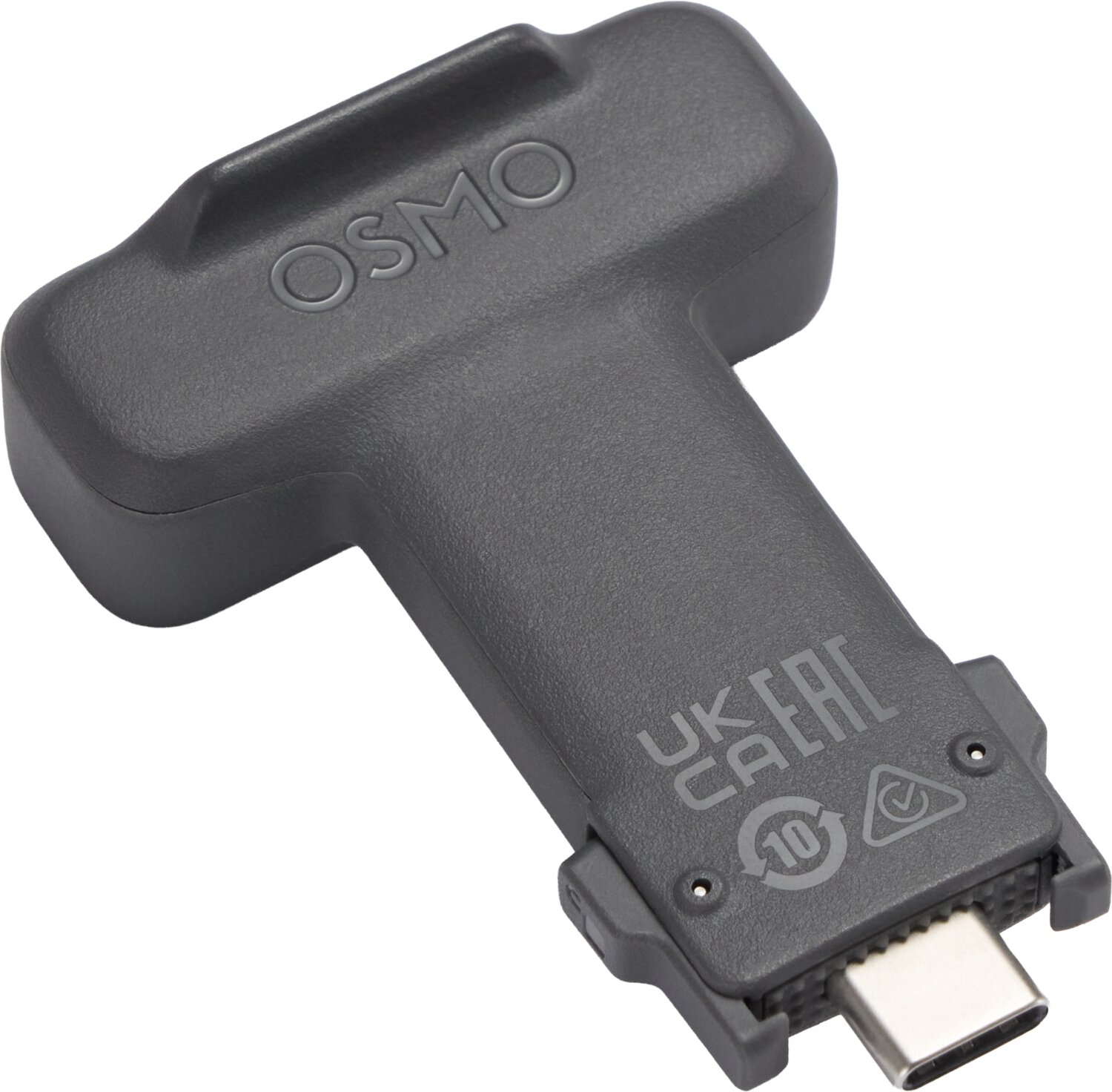 Szary adapter OSMO ze złączem USB-C, z symbolami CE, UKCA i 10-letnim.