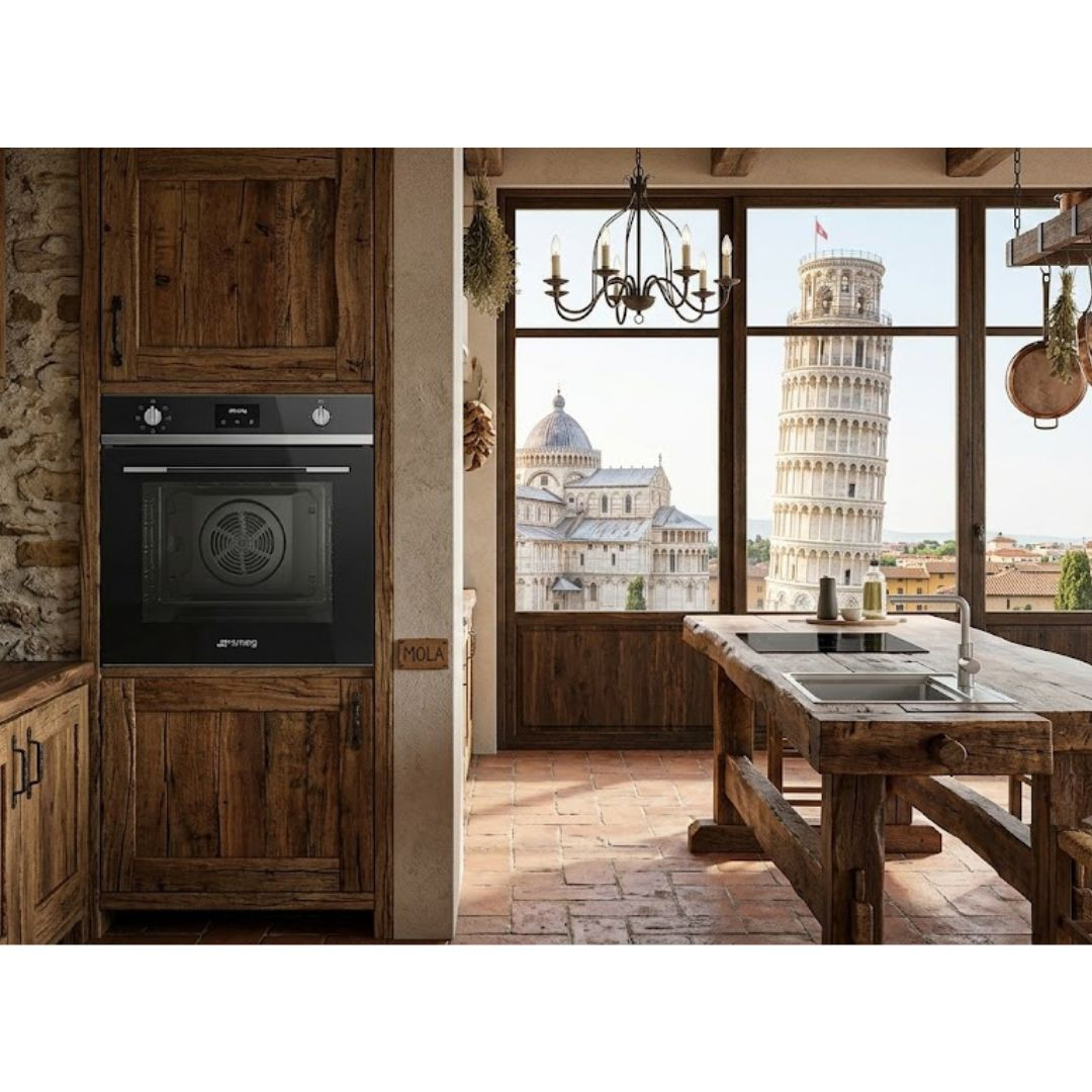 Cucina rustica con vista sulla Torre di Pisa e sul Duomo.