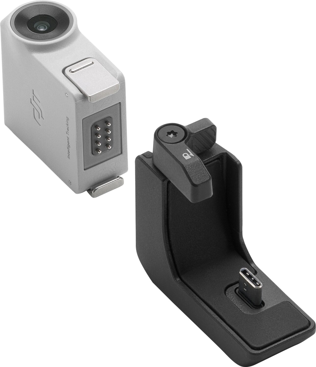 Srebrny gimbal z mocowaniem obiektywu i czarny adapter ładowania z portem USB-C.