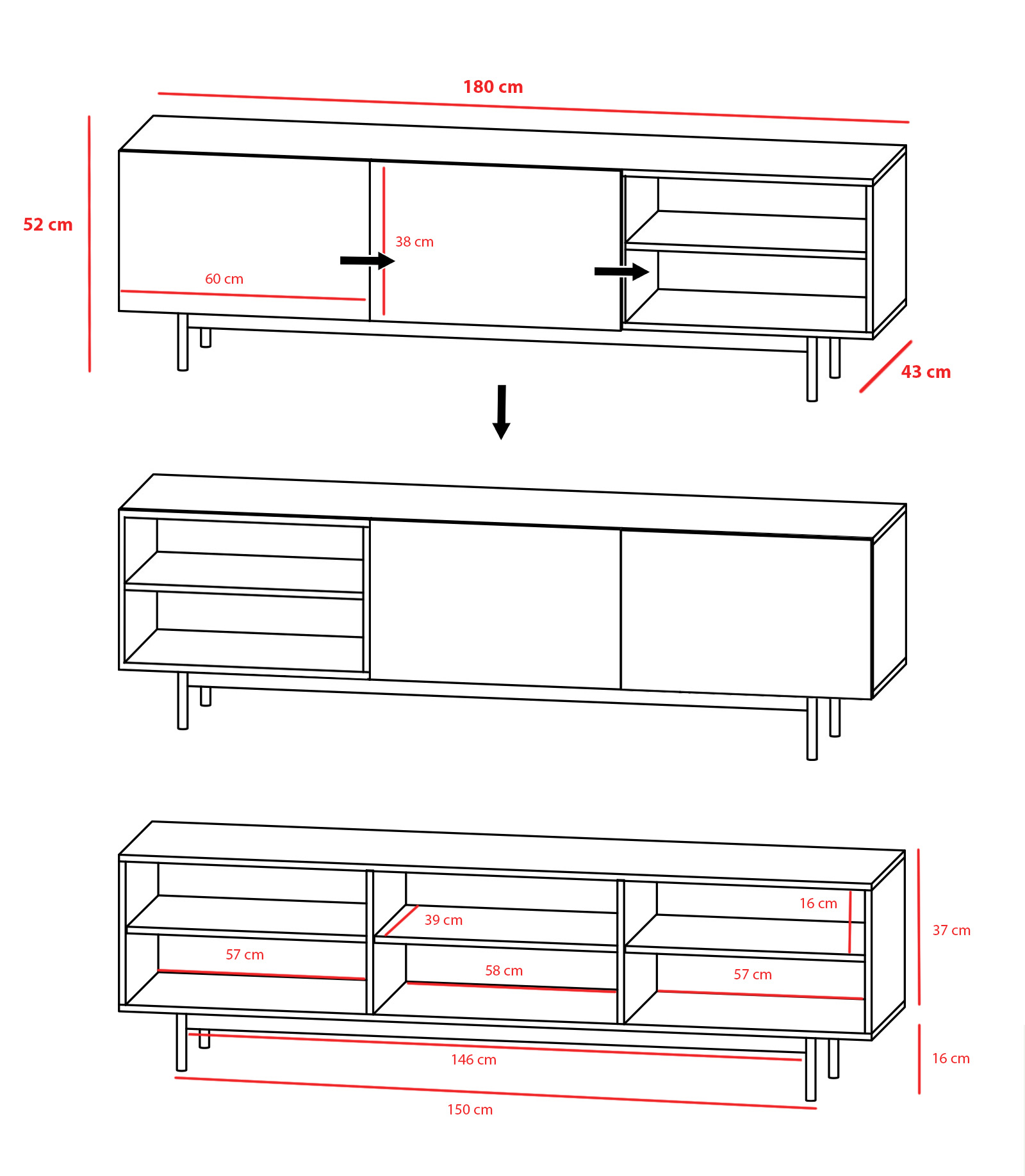 Dibujos lineales que muestran un gabinete con dimensiones. Tres vistas: superior, media e inferior.