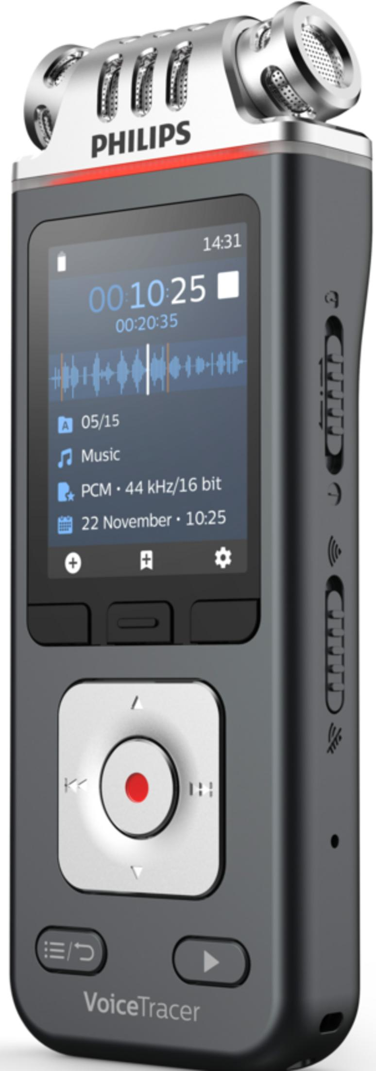 Un registratore vocale digitale Philips VoiceTracer con display e pulsanti di controllo.