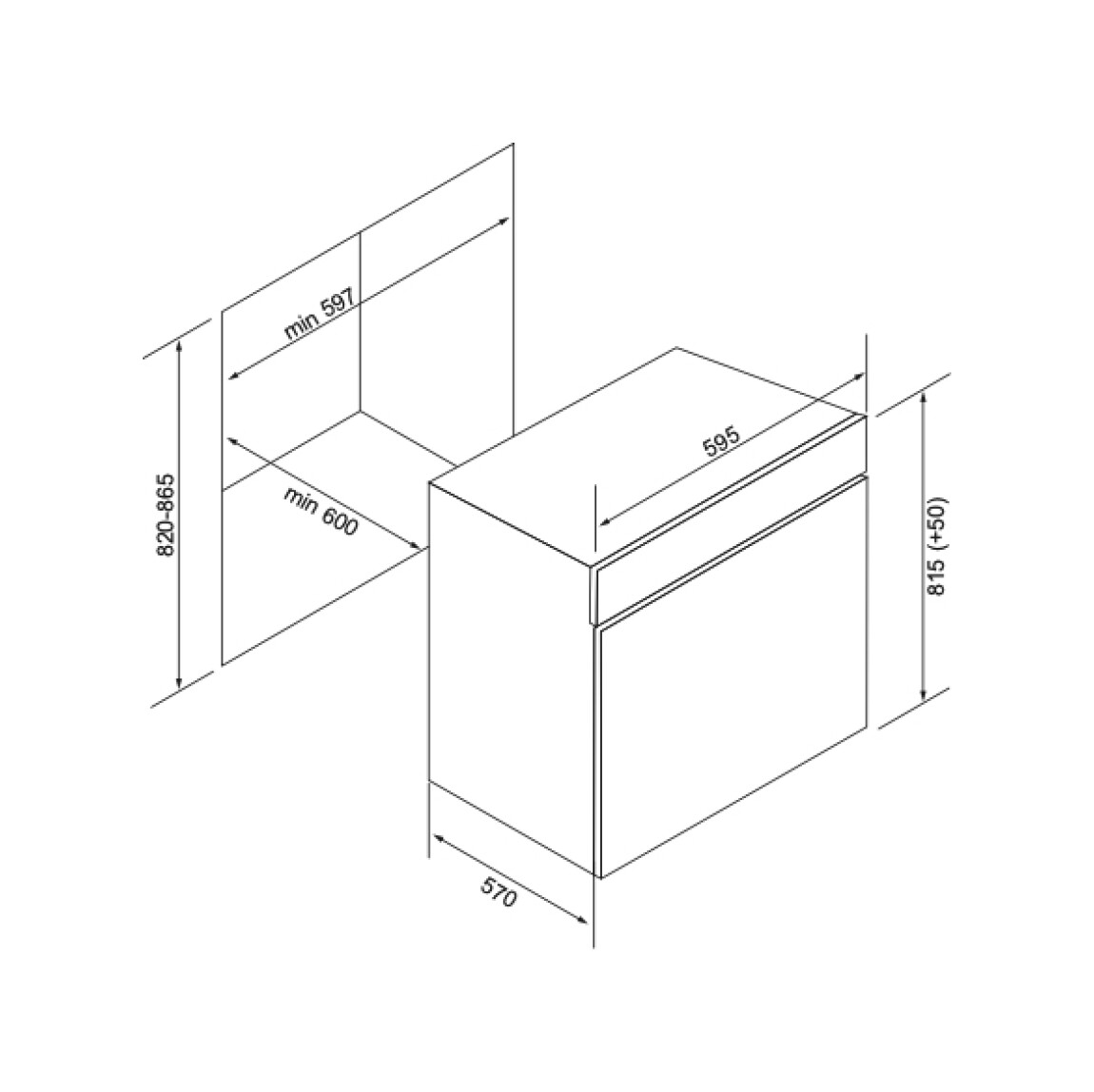Disegno tecnico con dimensioni per un elettrodomestico: H 815 (+50), L 595, P 570, foro H 820-865, L min 597, P min 600.