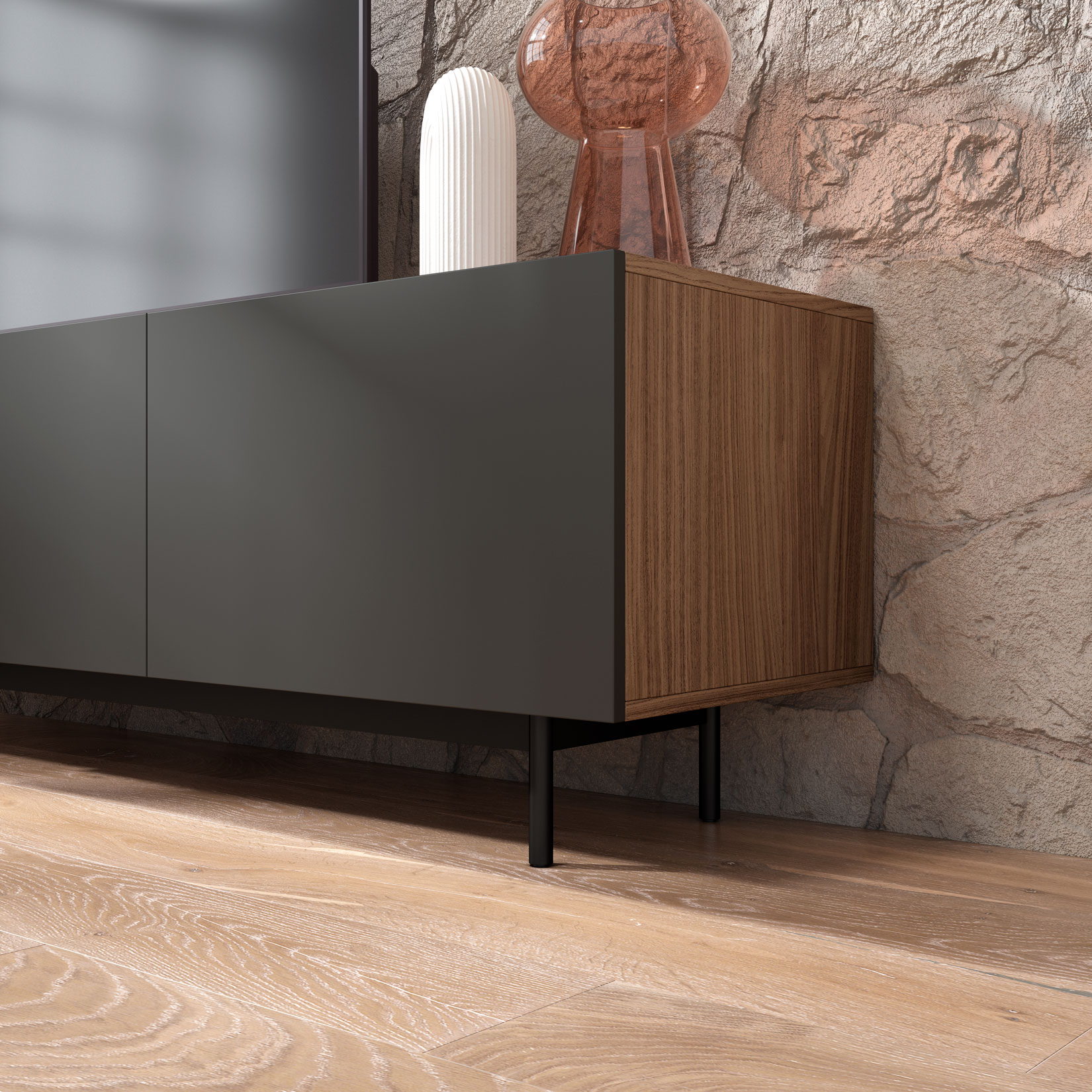 Un mueble de TV oscuro con detalles de madera se asienta sobre un suelo de madera.