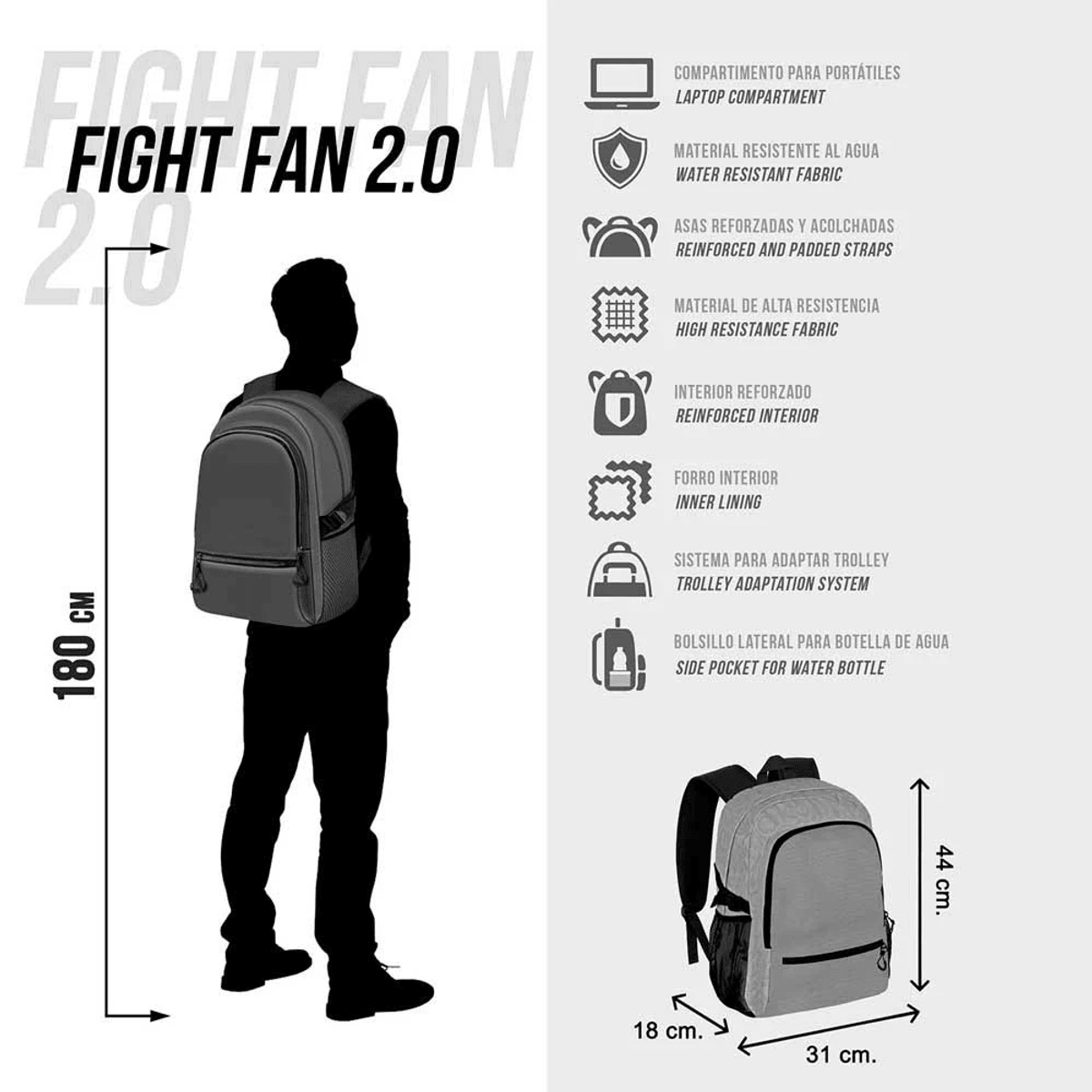 Un hombre con mochila gris. Dimensiones: 180cm, 18cm, 31cm, 44cm.