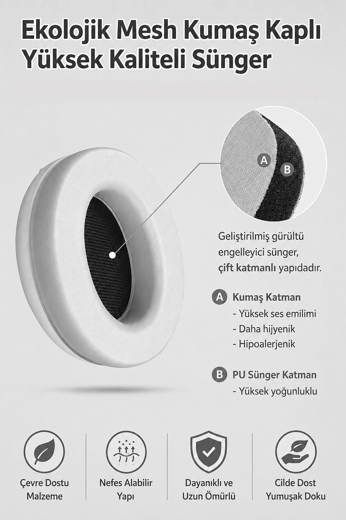 Malzemeleri gösteren beyaz kulaklık. Çevre dostu ve nefes alabilen yapı.