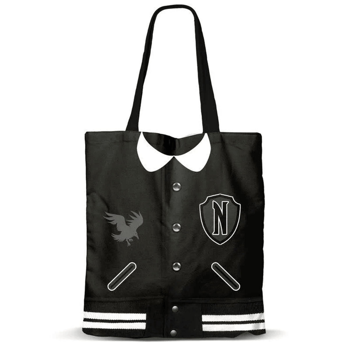 Bolso negro con cuello blanco, insignia N, águila y rayas.