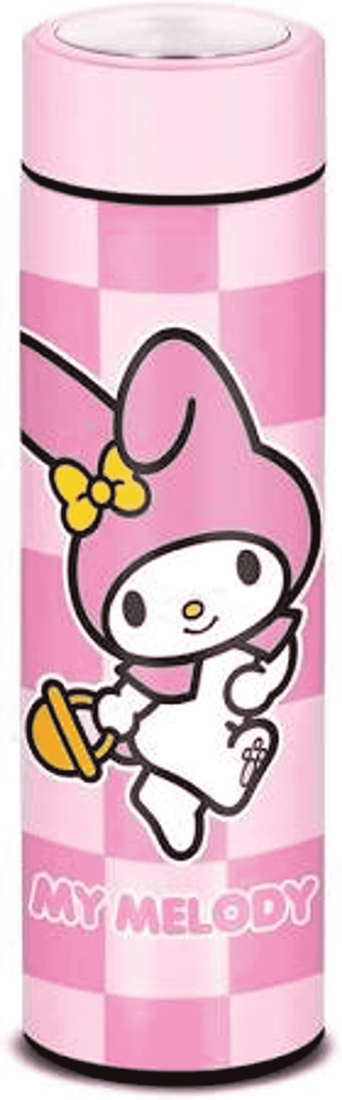 Ein pinker Behälter mit Karo-Muster und My Melody-Figur.