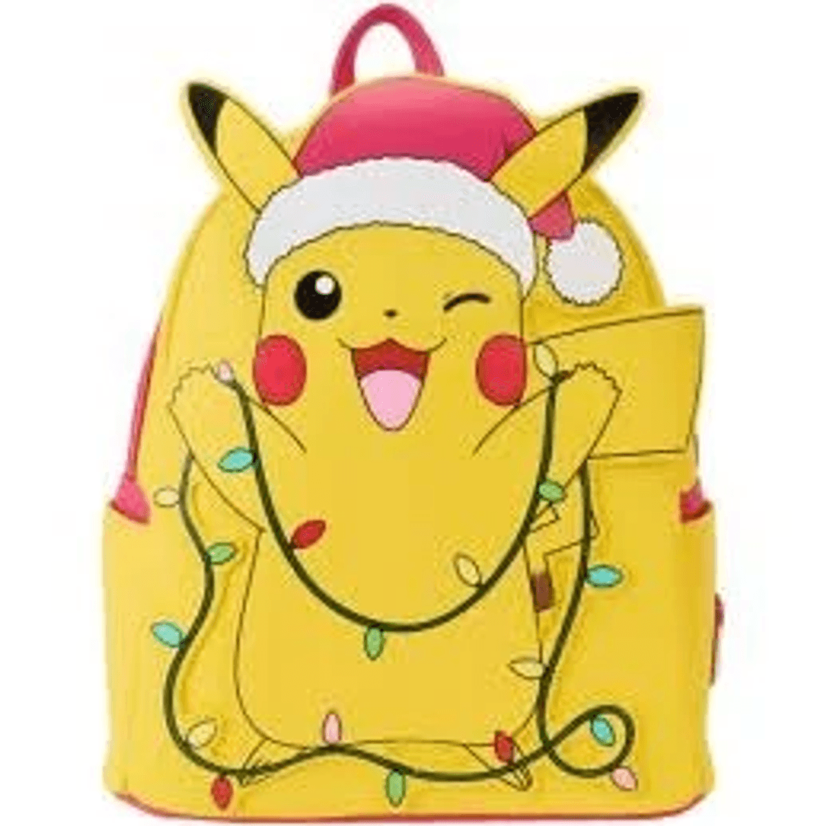 Ein gelber Rucksack mit Pikachu-Motiv und Weihnachtsmannmütze, umgeben von Lichterketten.