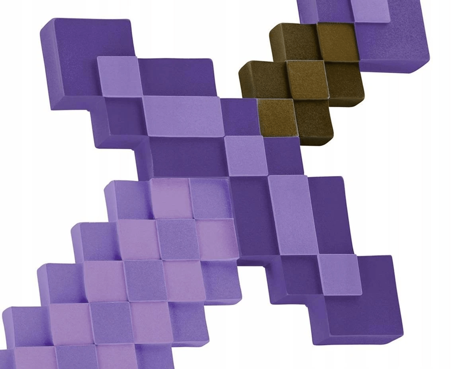 Ein pixeliger lila und brauner Minecraft-Schwert-Gegenstand auf weißem Hintergrund.