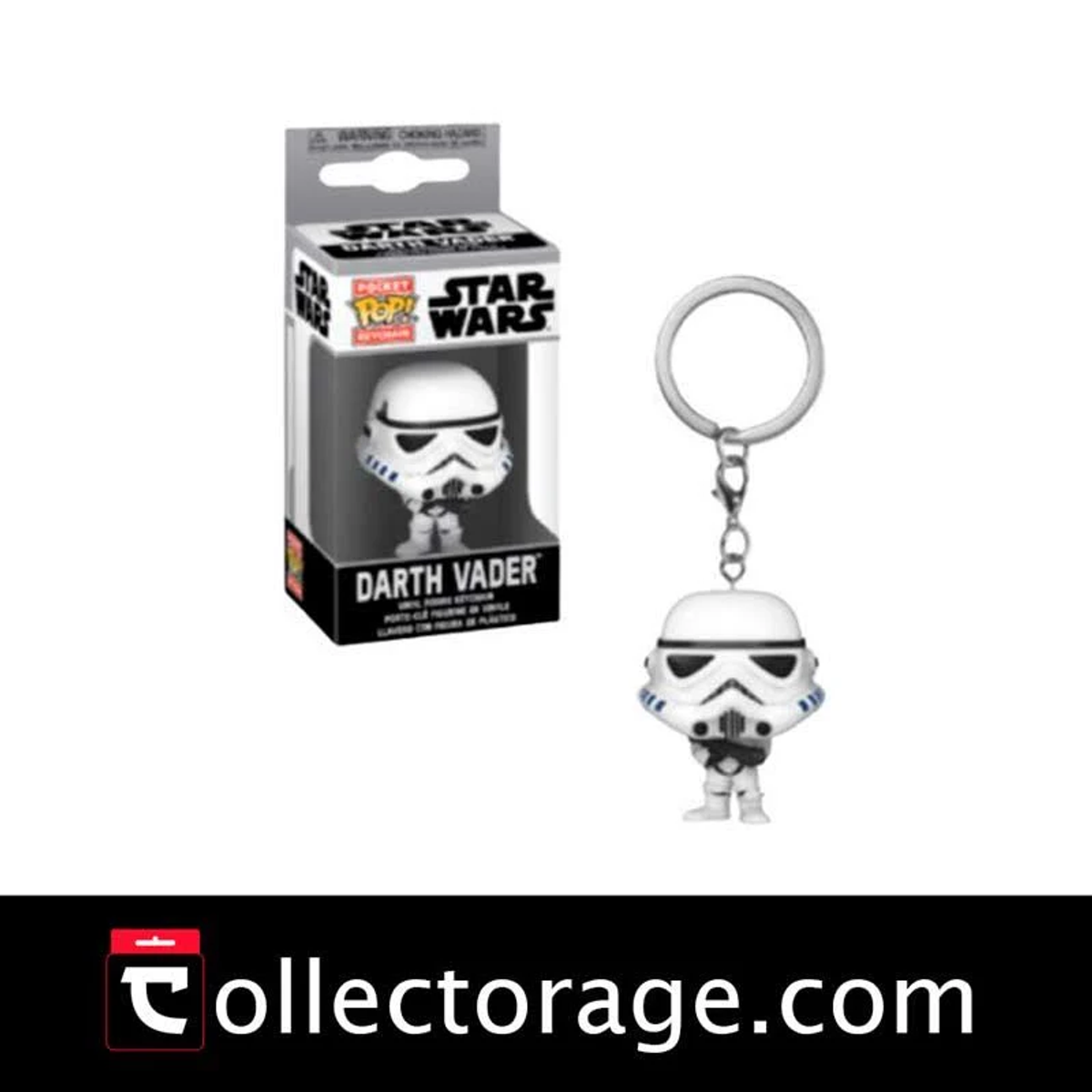 Un portachiavi Funko Pop di Darth Vader e la sua confezione.