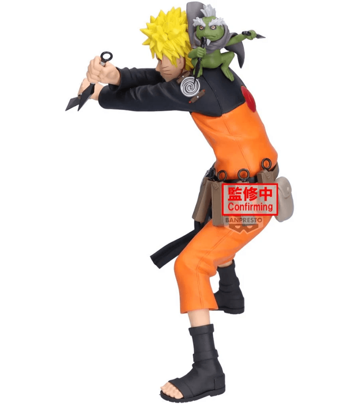 Figura de Naruto con rana en hombro, sosteniendo un shuriken.