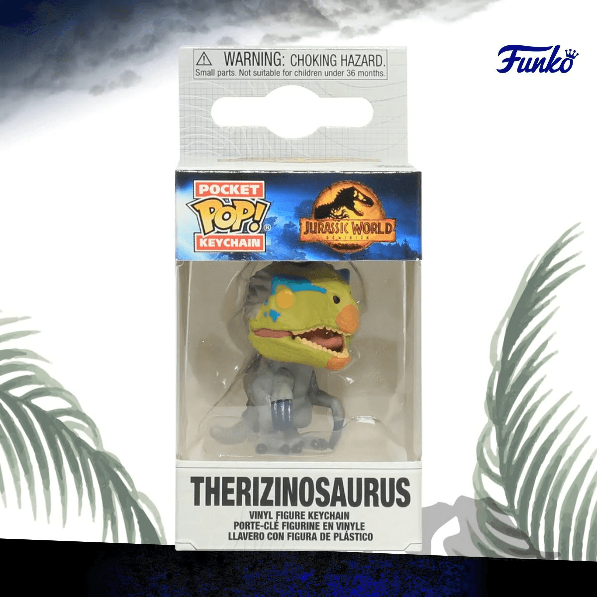 Llavero Funko Pop! Jurassic World de una figura Therizinosaurus verde en empaque.