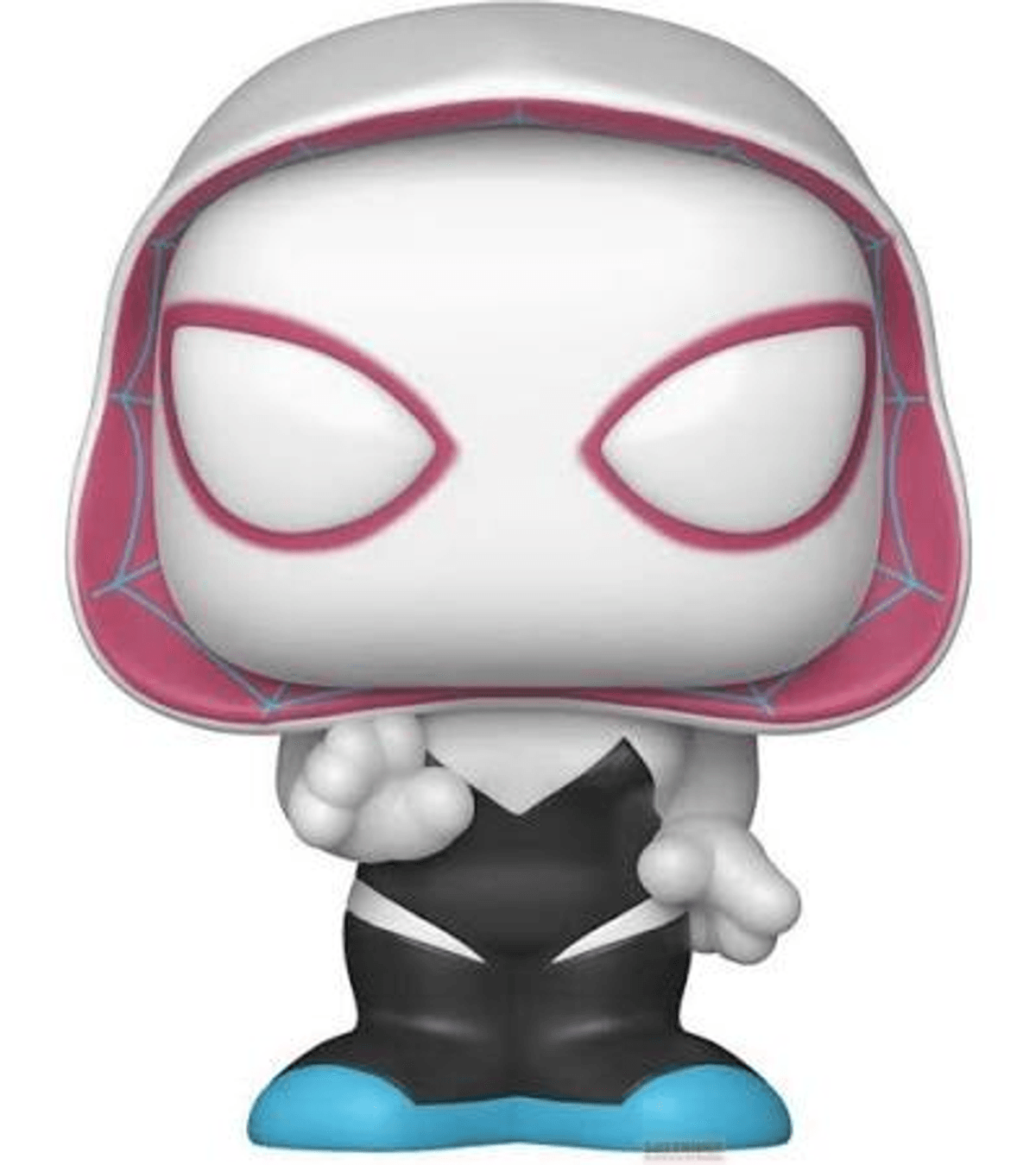 Figura Funko Pop blanca con capucha, ribete rosa y detalles de telaraña.