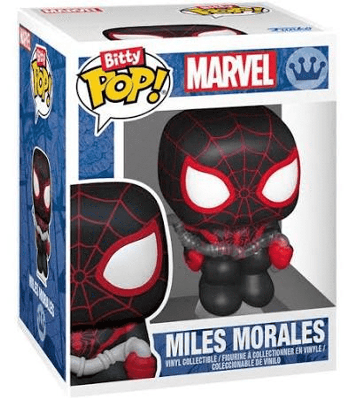 Figura Funko Pop! de Miles Morales en traje de Spider-Man, en caja.