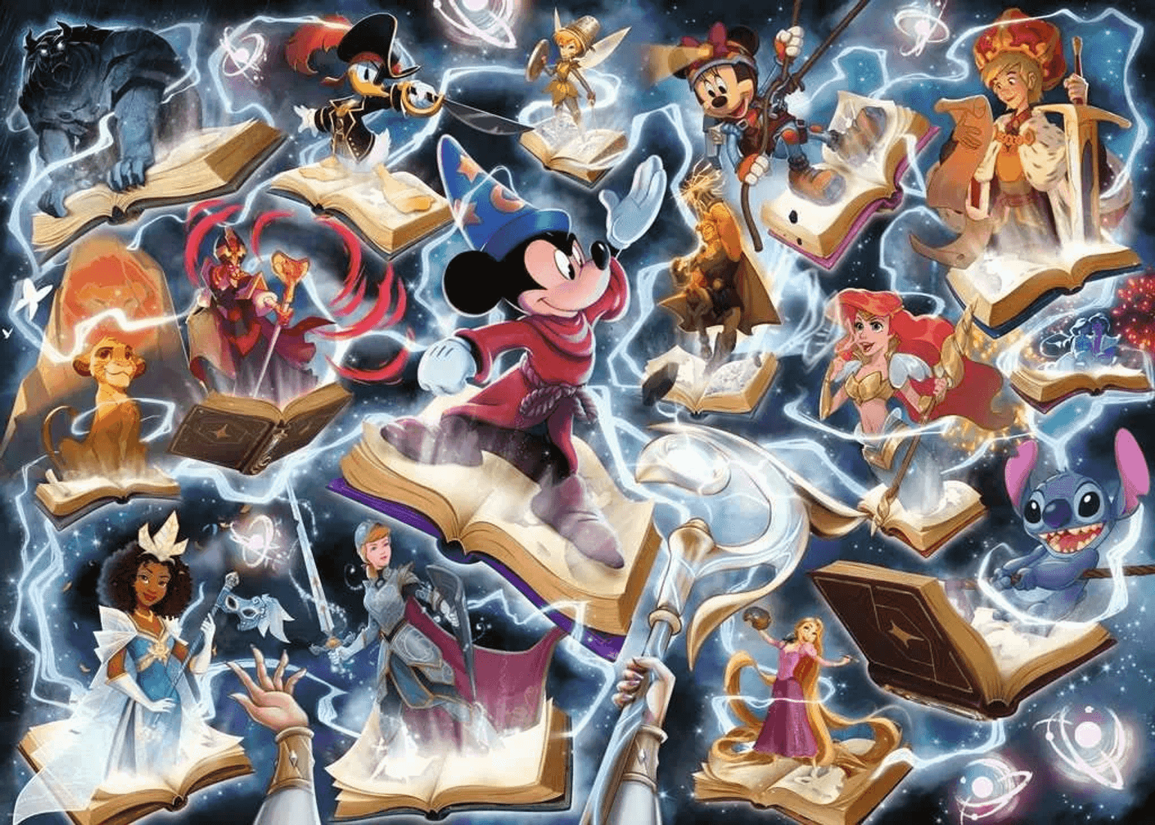 Mickey Mouse con sombrero de mago, con personajes de Disney en libros, rodeado de magia.