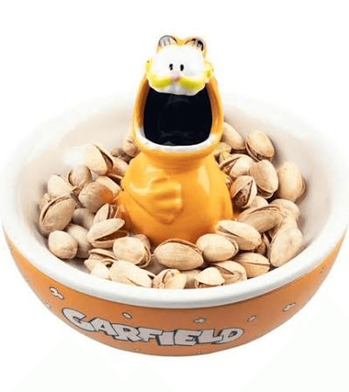 Un cuenco temático de Garfield lleno de pistachos, con un dispensador del personaje.