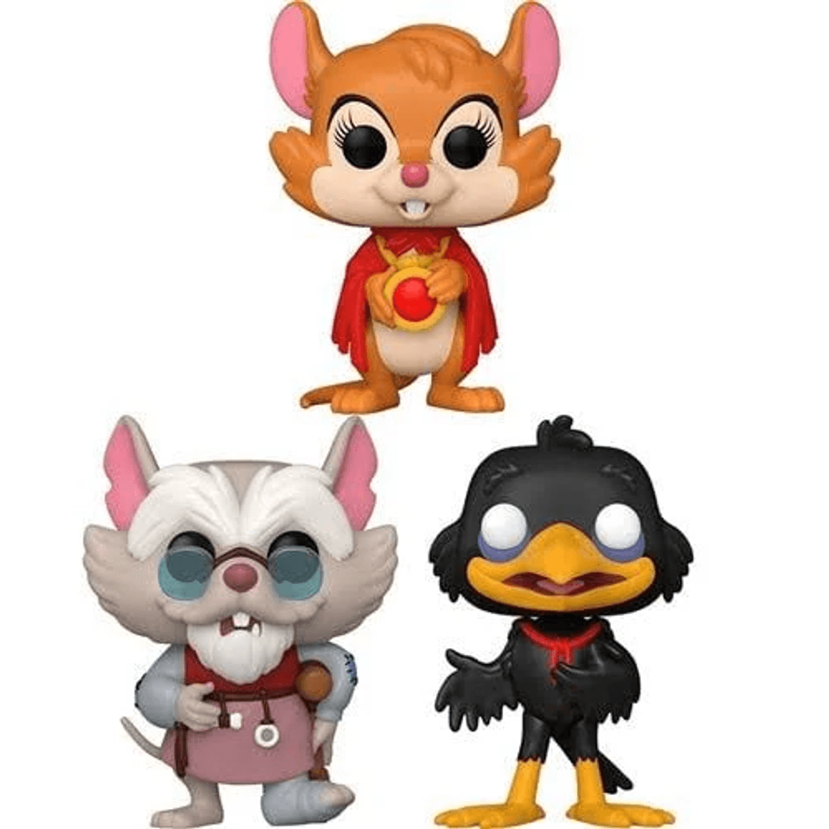 Tres figuras de dibujos animados: ratón con capa roja, ratón con gafas y bata, pájaro negro.