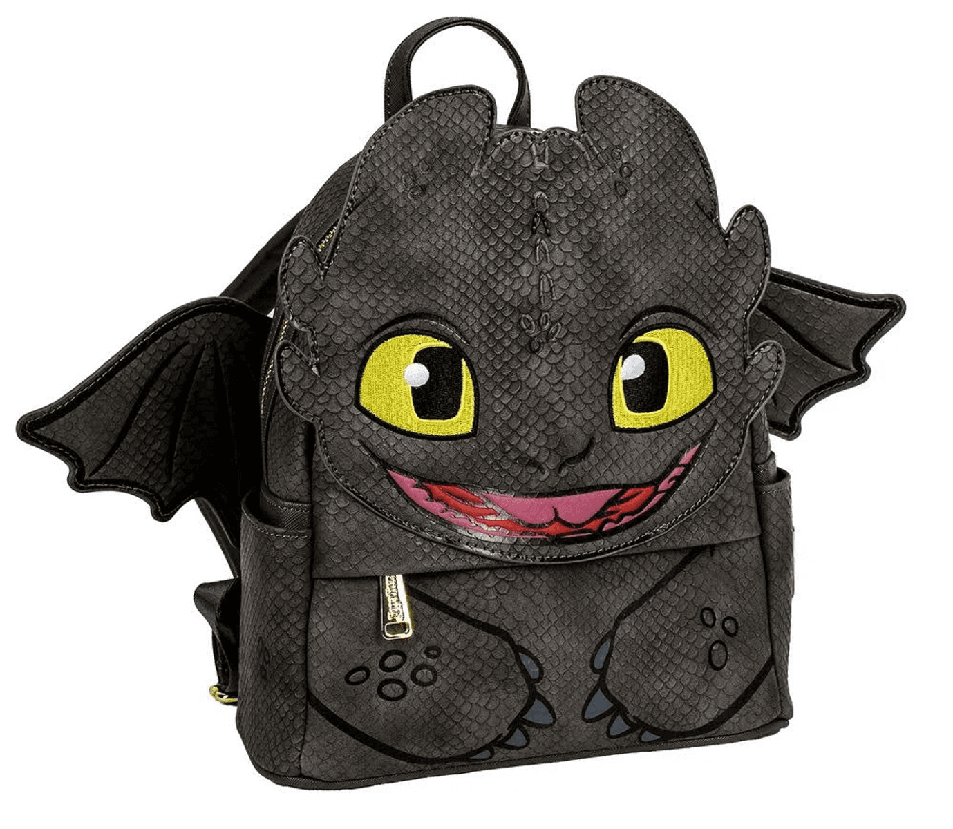 Una mochila negra con cara de dragón, ojos amarillos y alas.