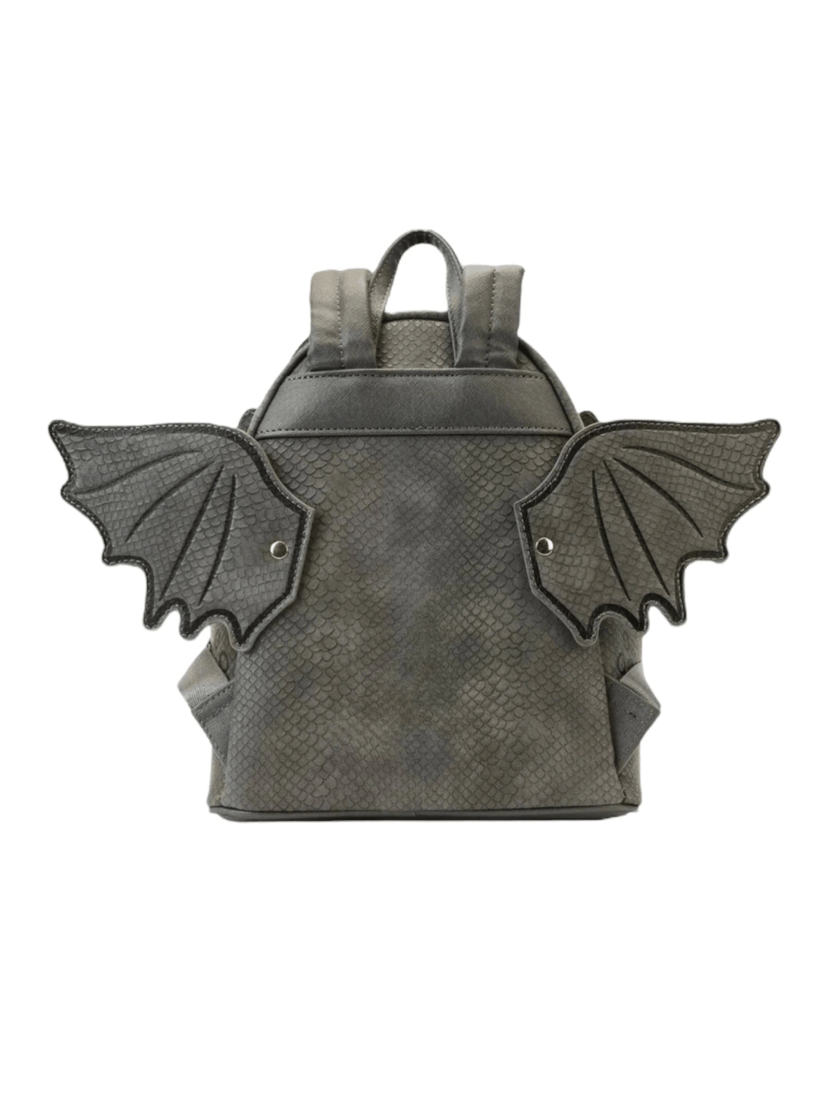 Mochila gris con alas de dragón y estampado de escamas.