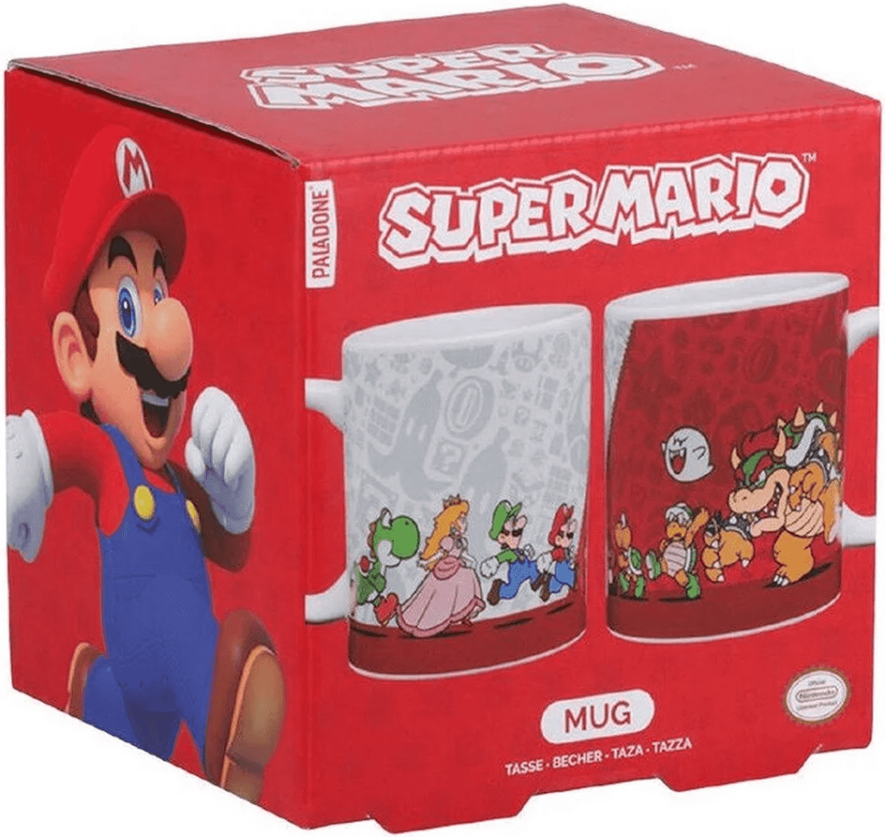 Caja temática de Super Mario con Mario, Princesa Peach, Luigi, Yoshi, Bowser y Boo.