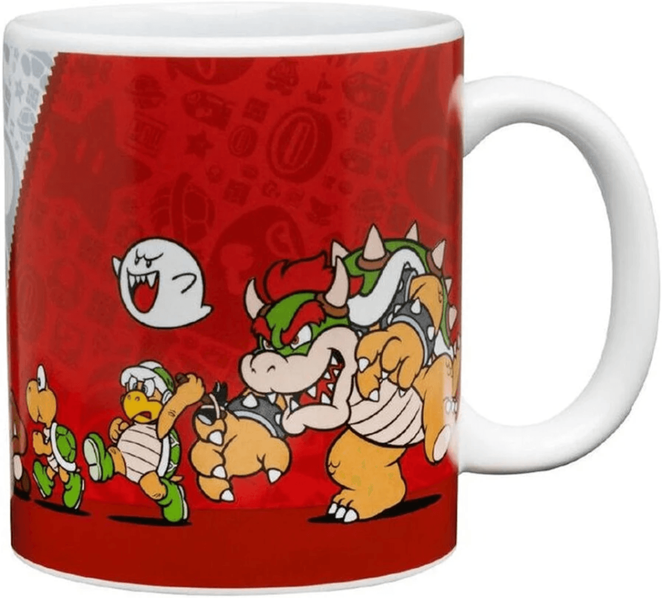 Taza con personajes de Mario: Bowser, Boo, Koopa Troopa y Goomba sobre fondo rojo.