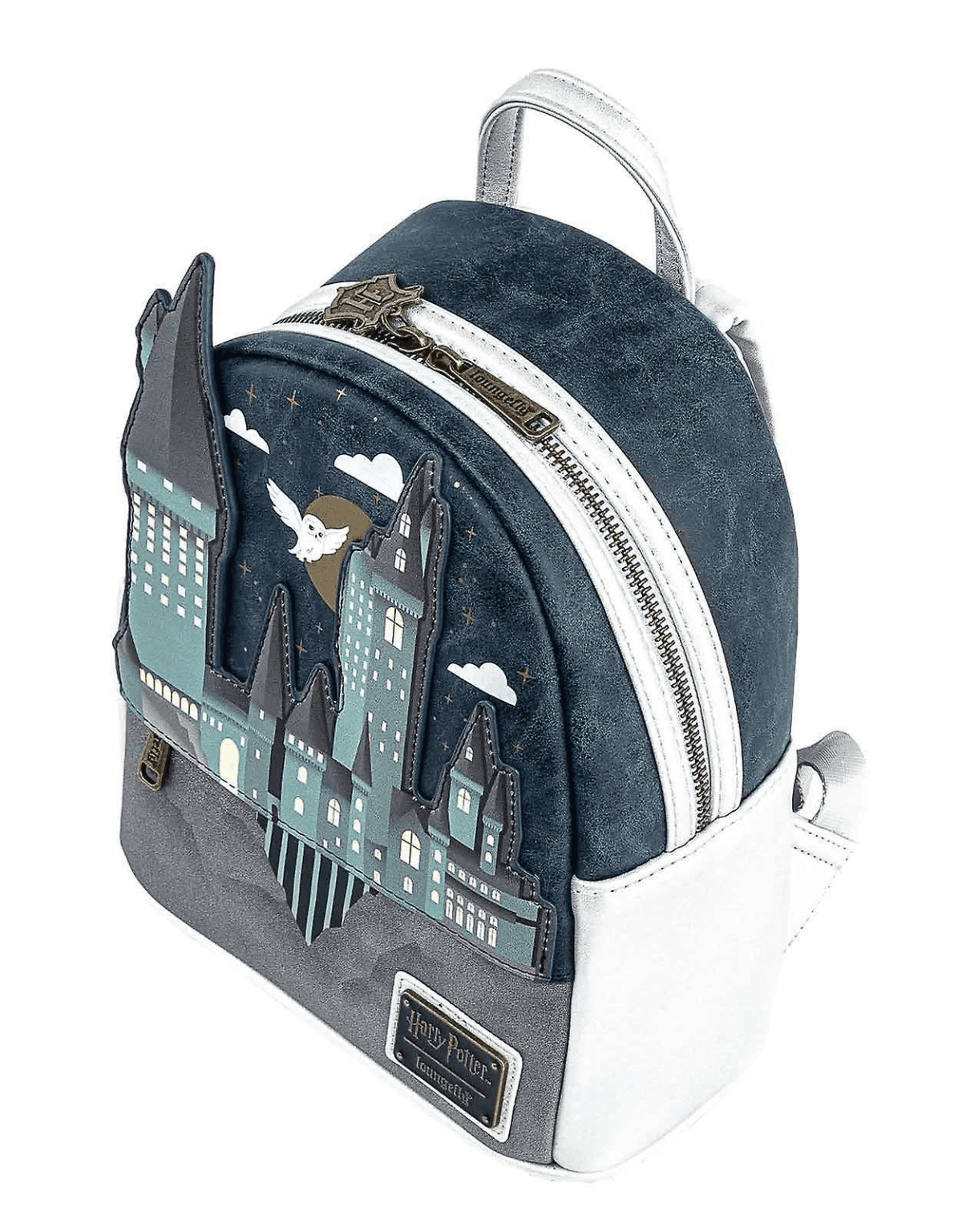 Mochila azul oscuro con motivo de Hogwarts, luna, estrellas y lechuza.