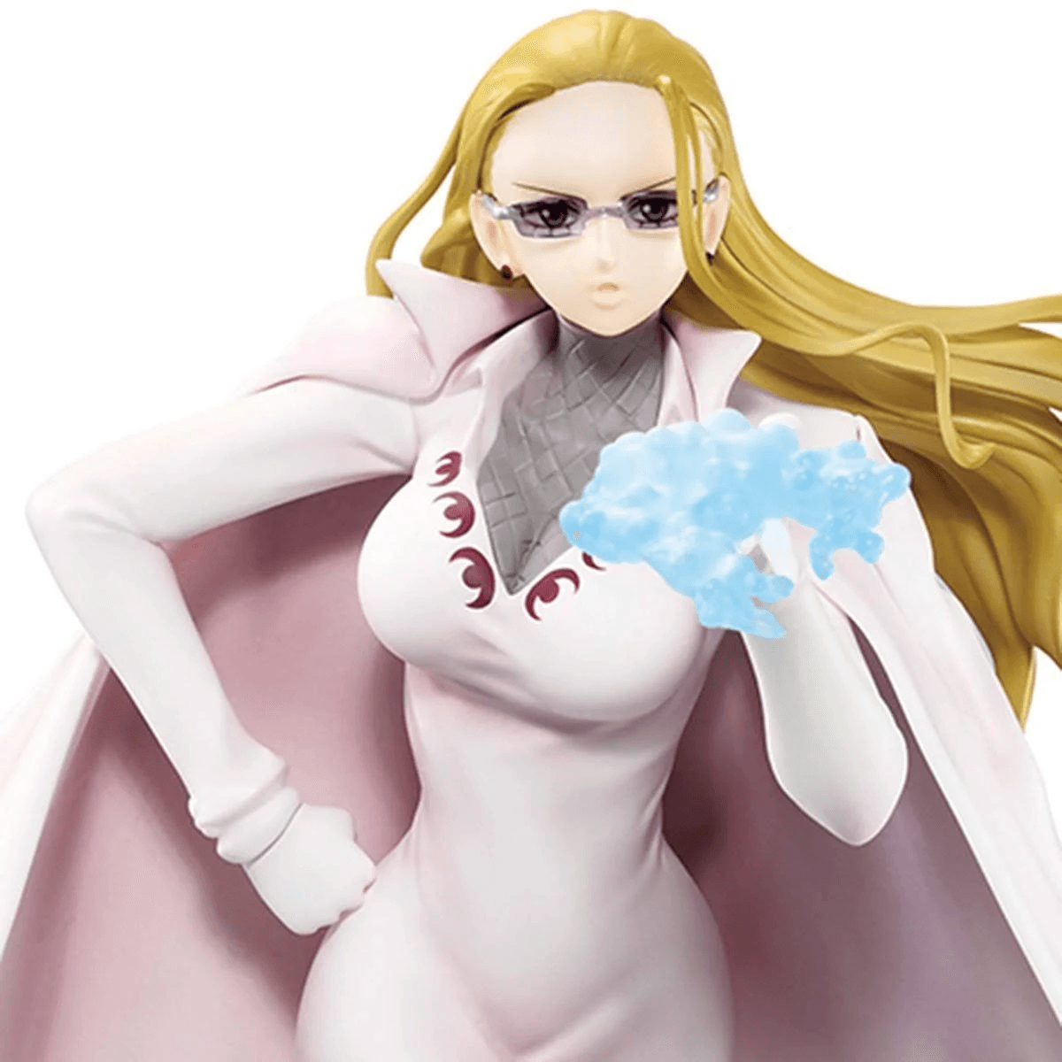 Mujer rubia con abrigo blanco y energía azul en la mano.