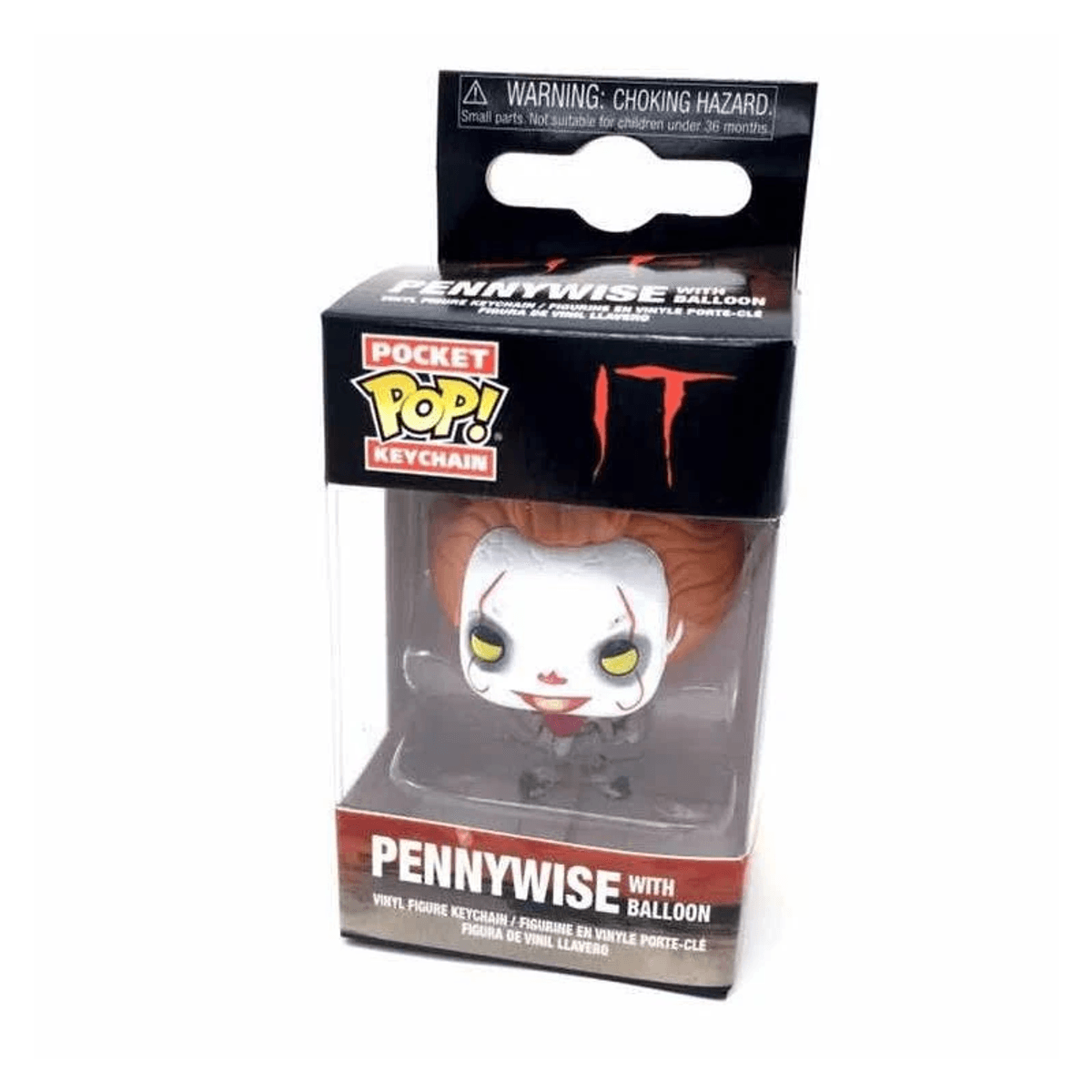 Llavero Funko Pop de Pennywise con globo en paquete, etiqueta de advertencia visible.