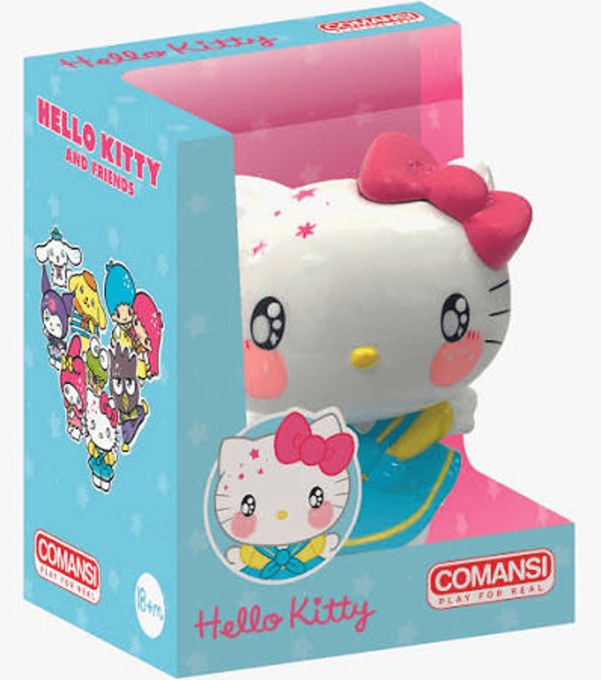 Figura de Hello Kitty en caja con amigos al lado. Azul claro.