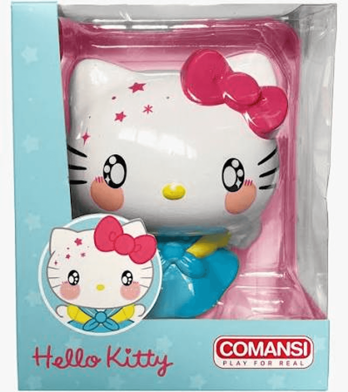 Figura de Hello Kitty con lazo rosa y estrellas, en embalaje.
