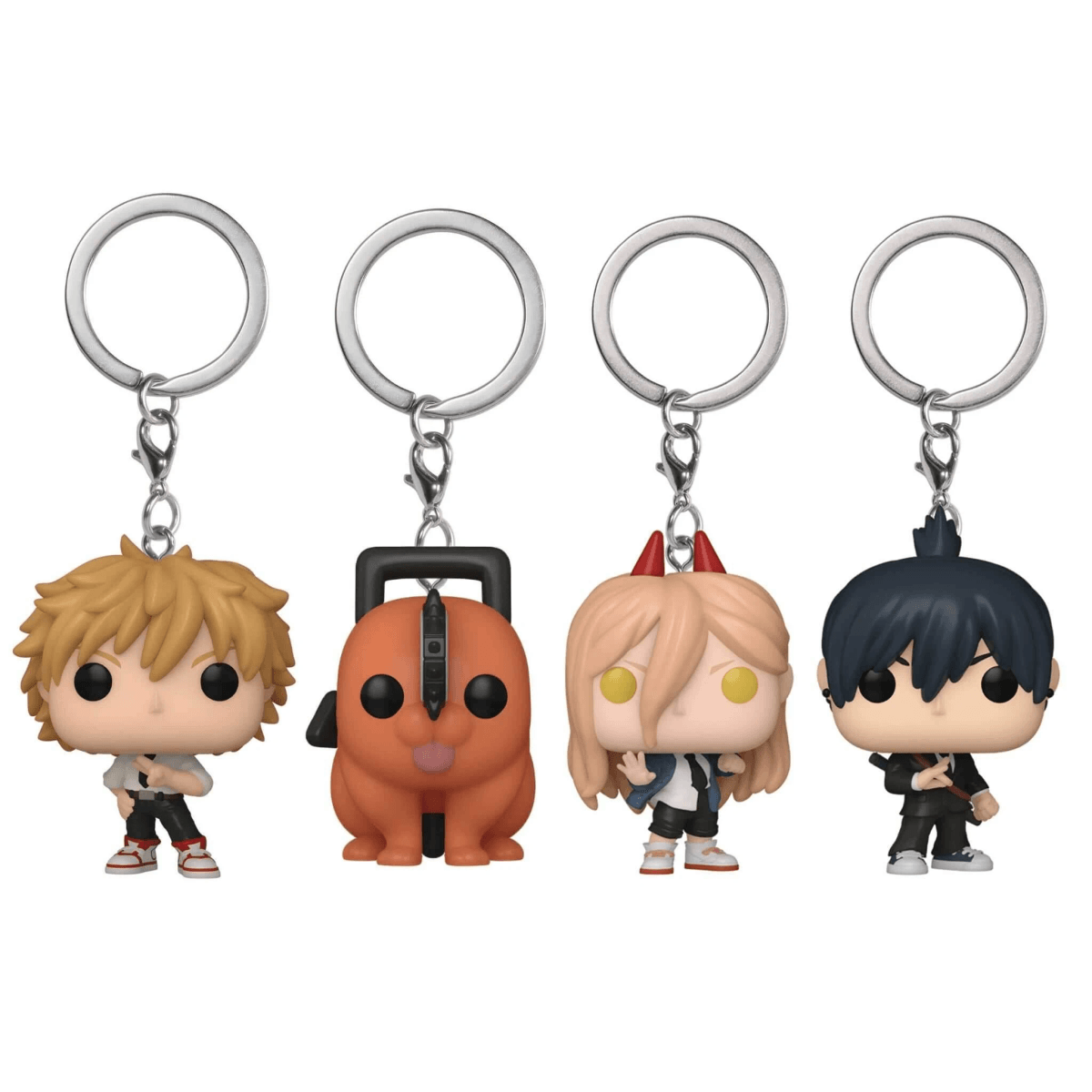 Cuatro llaveros de personajes de anime: Denji, Pochita, Power y Aki sobre fondo blanco.