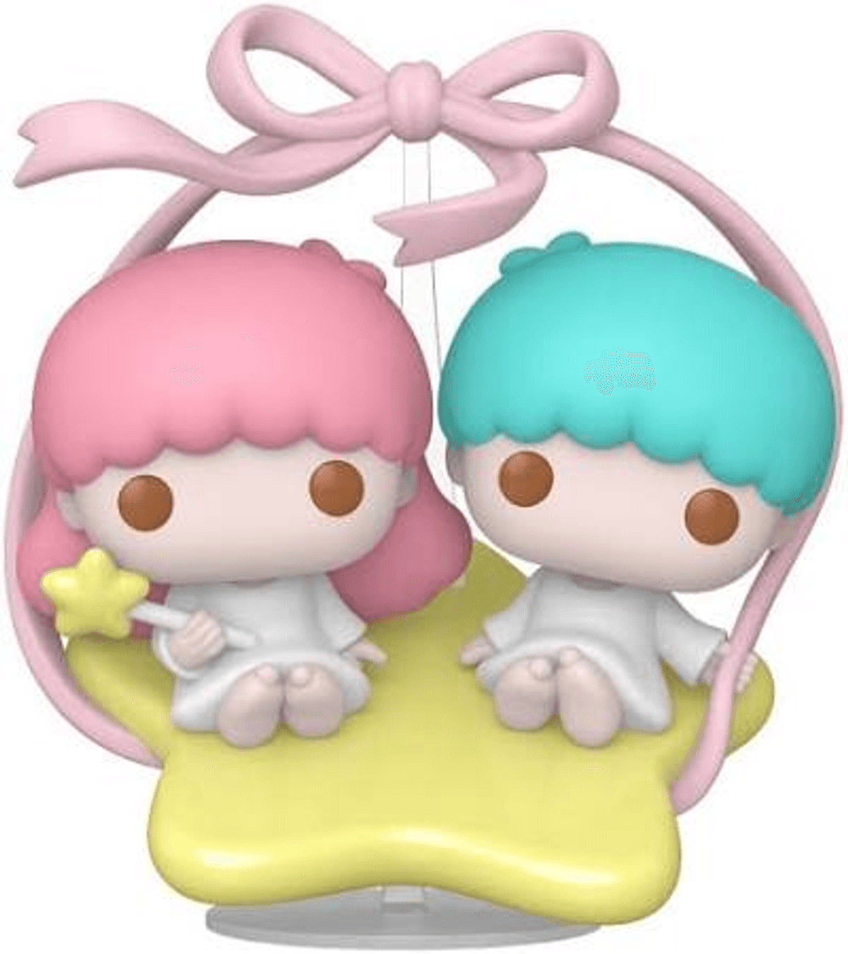 Dos figuras con pelo rosa y azul se sientan en una estrella amarilla. Una cinta rosa las une.