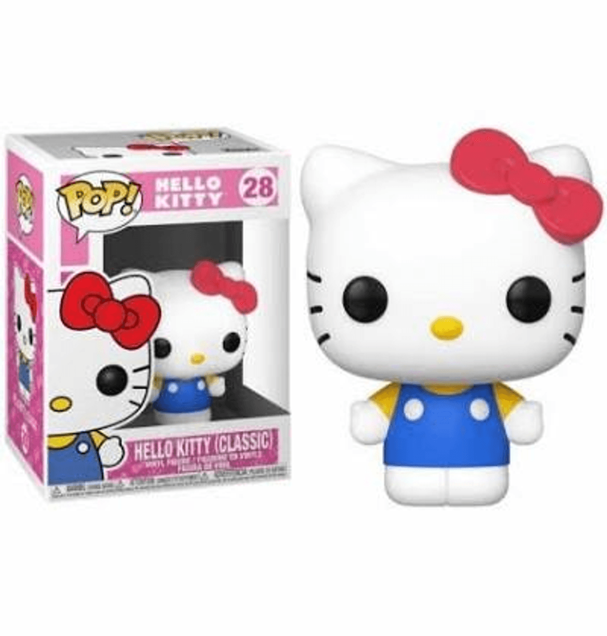 Una figura Funko Pop blanca de Hello Kitty con lazo rojo junto a su caja.