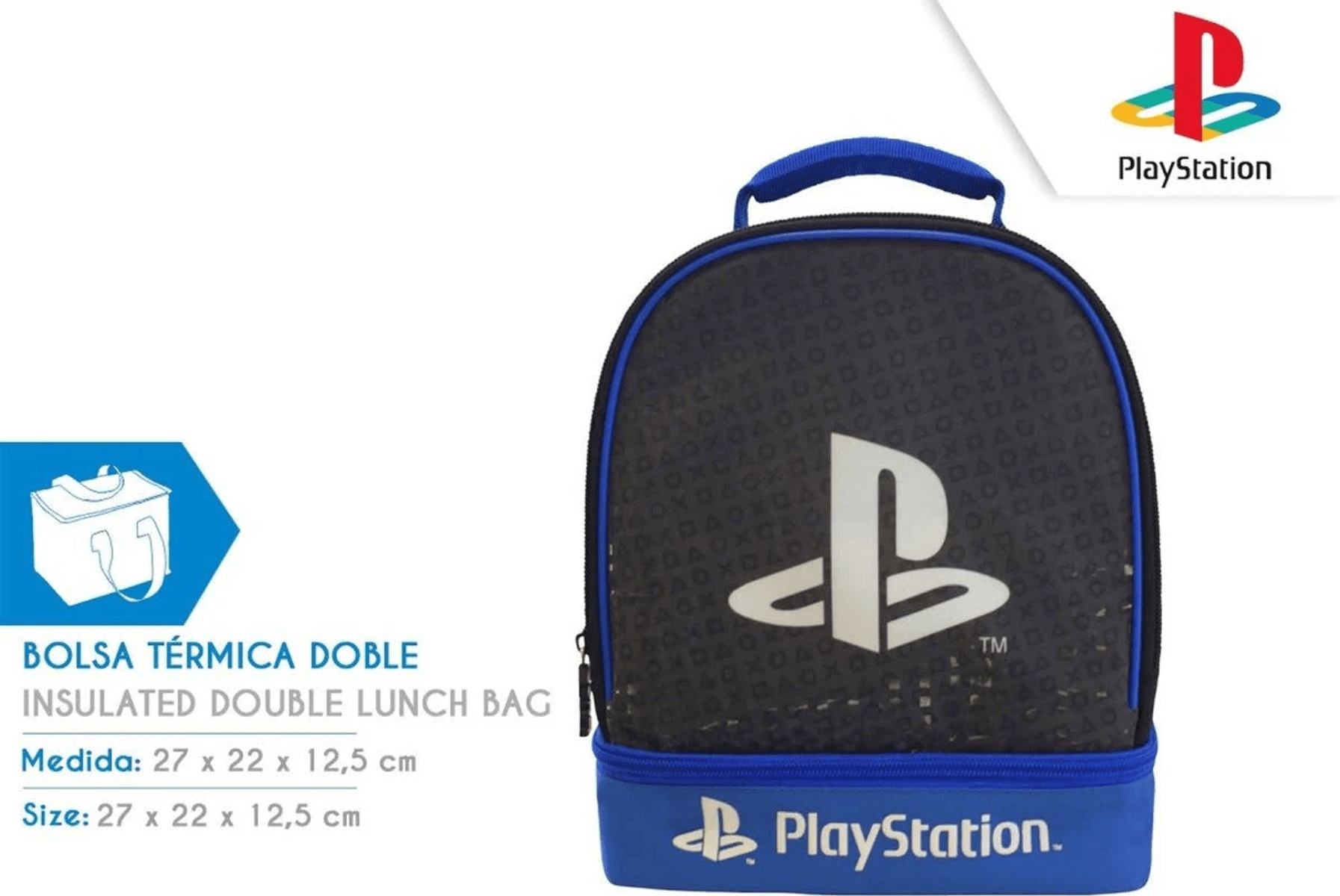 Bolsa de almuerzo Playstation negra y azul con logo Playstation.