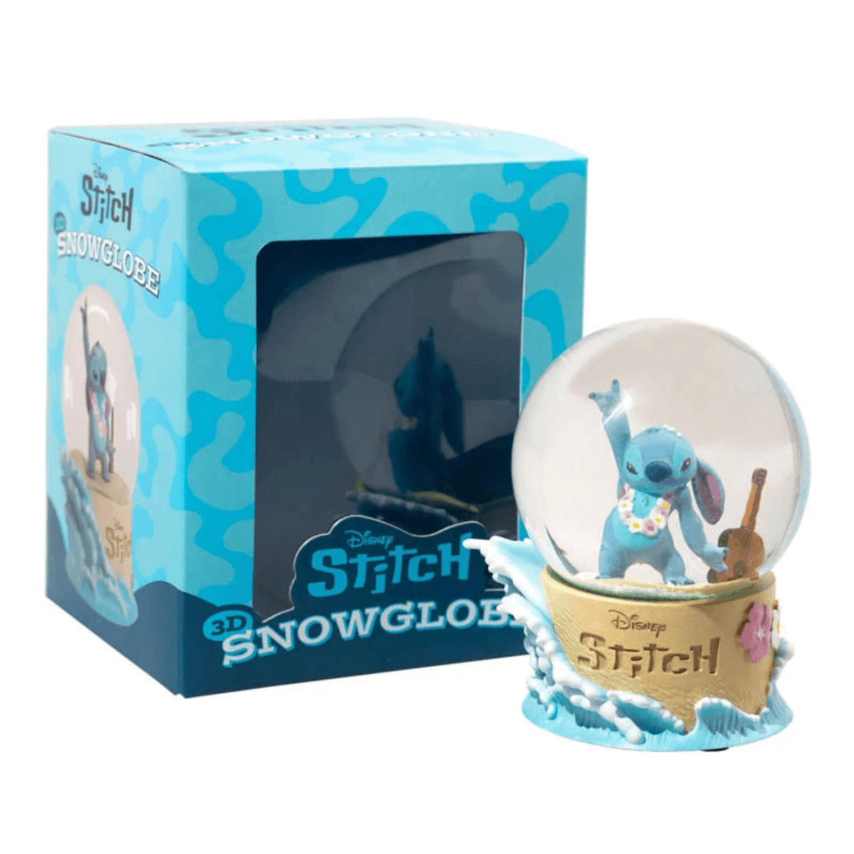 Stitch-Schneekugel mit einem blauen Alien, das eine Blumenkette trägt und eine Gitarre hält.