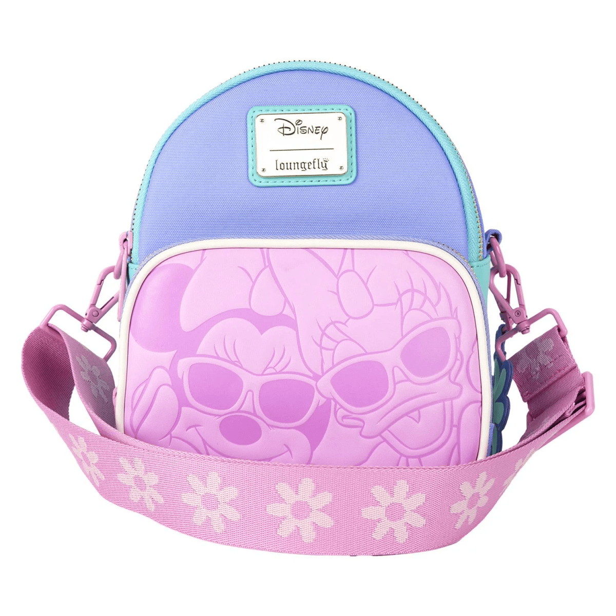 Bolso Disney morado y azul con Minnie y Daisy con gafas de sol. Estampado floral en la correa.