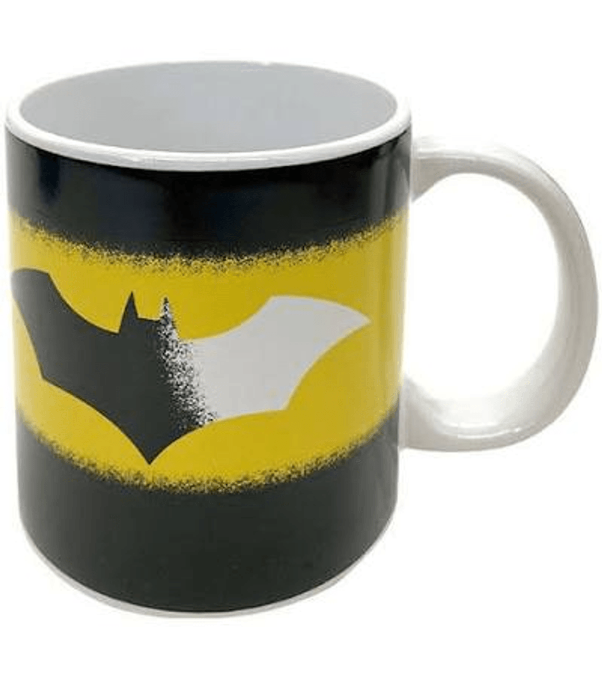 Eine Tasse mit gelbem und schwarzem Batman-Symbol-Design.