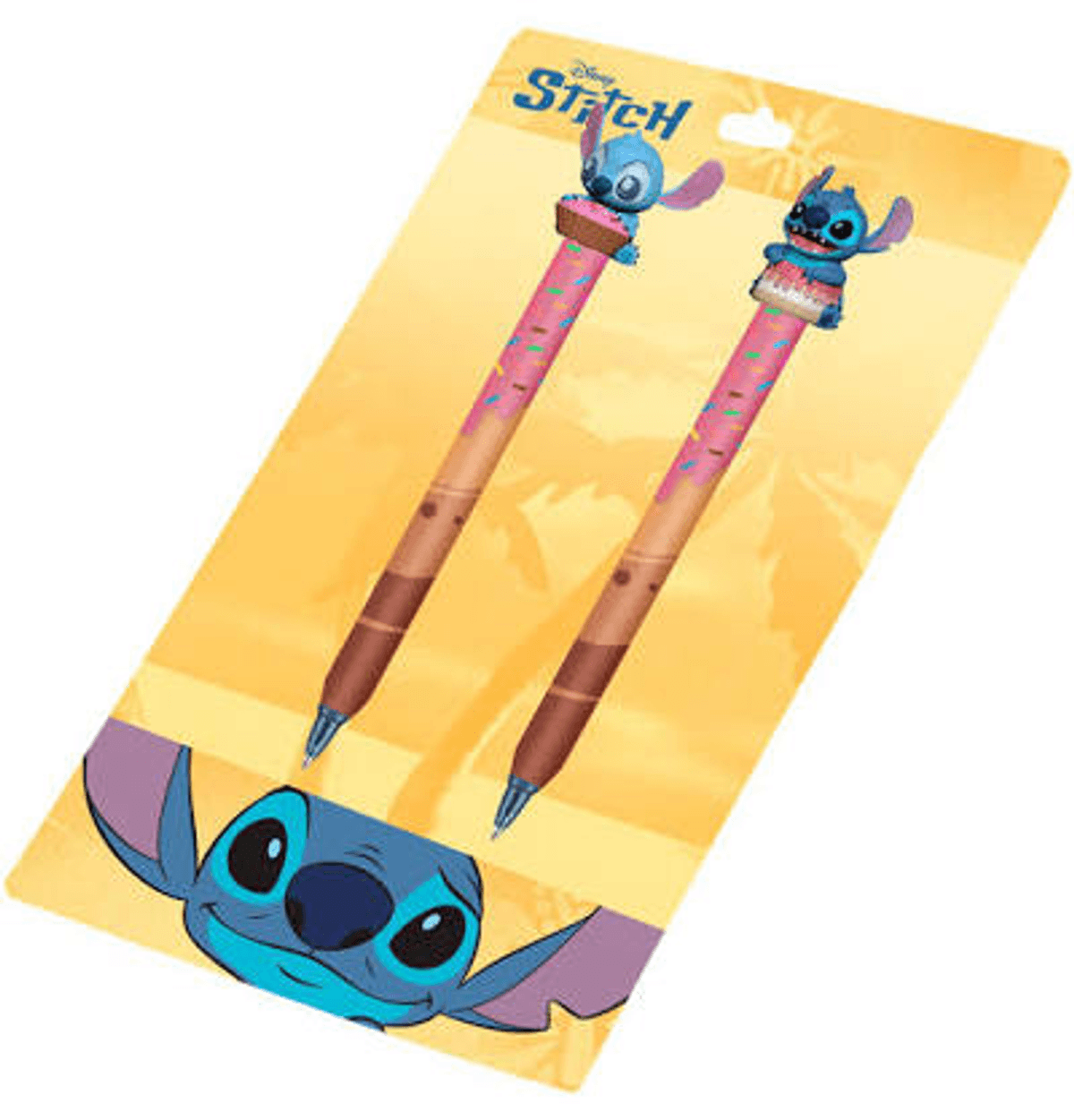 Zwei Stift-Sets mit Stitch-Motiv auf gelbem Hintergrund mit Palmen. Der Aufdruck zeigt Stitch.