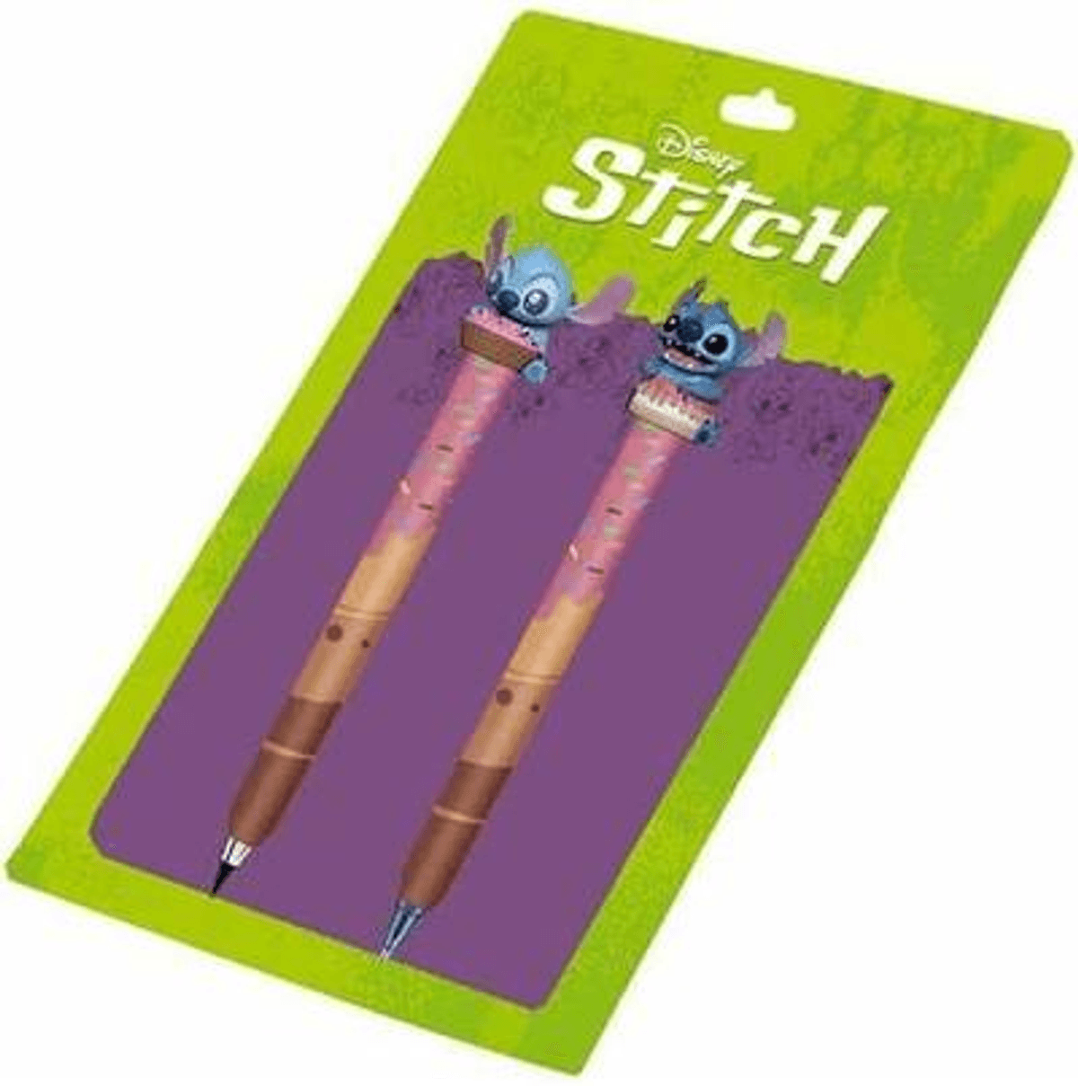 Zwei Stifte mit Stitch-Figuren auf pinkem Band und braunen Griffen, verpackt.