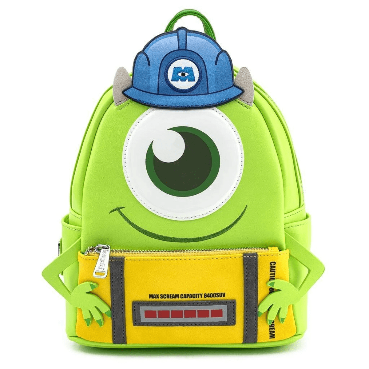 Una mochila verde con diseño de Mike Wazowski de Monstruos S.A. con casco azul.