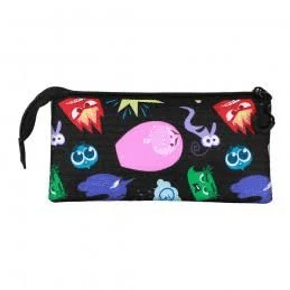 Eine schwarze Federtasche mit bunten Cartoon-Monstern und einer rosa Blase.