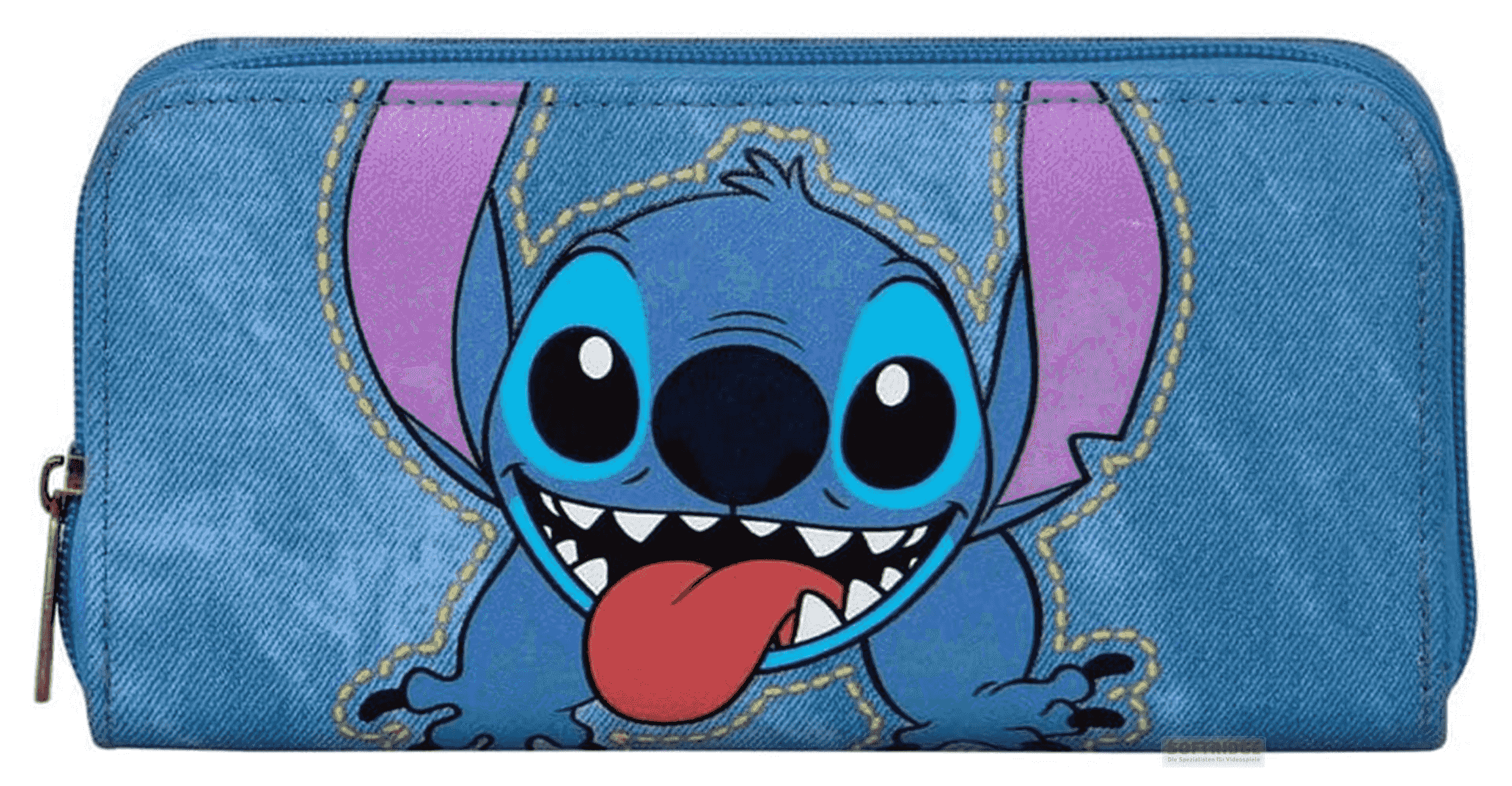 Estuche de mezclilla azul con Stitch sacando la lengua.